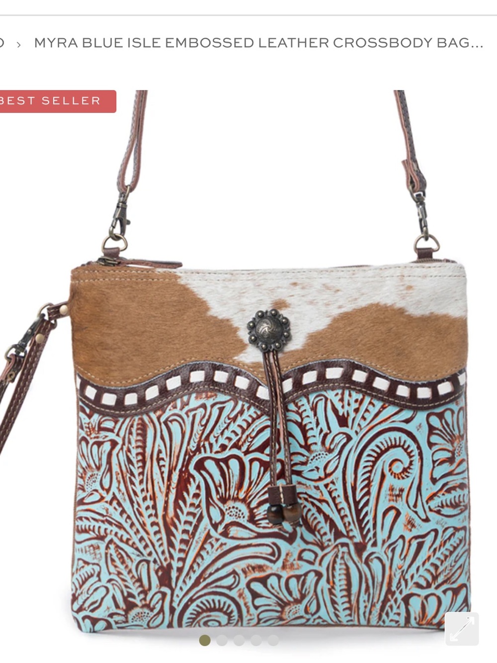 Myra Embossed Leather Crossbody Bag in Turquoise and Brown, new